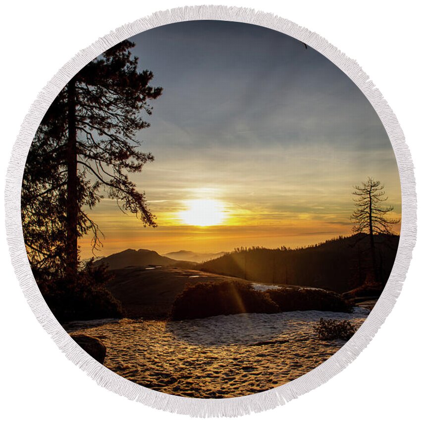 Landscape Round Beach Towel featuring the photograph Sunset in Sequoia by Aileen Savage