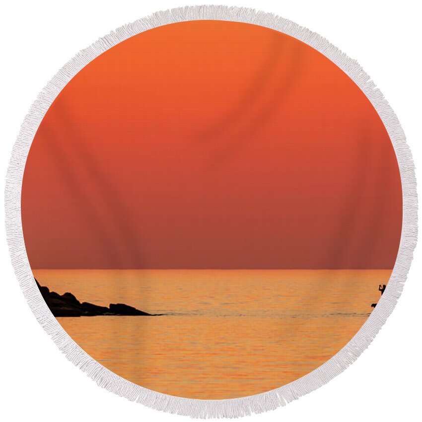 Pei Round Beach Towel featuring the photograph Sunset, Ocean, Paddle Boards, and Dogs by Marcy Wielfaert