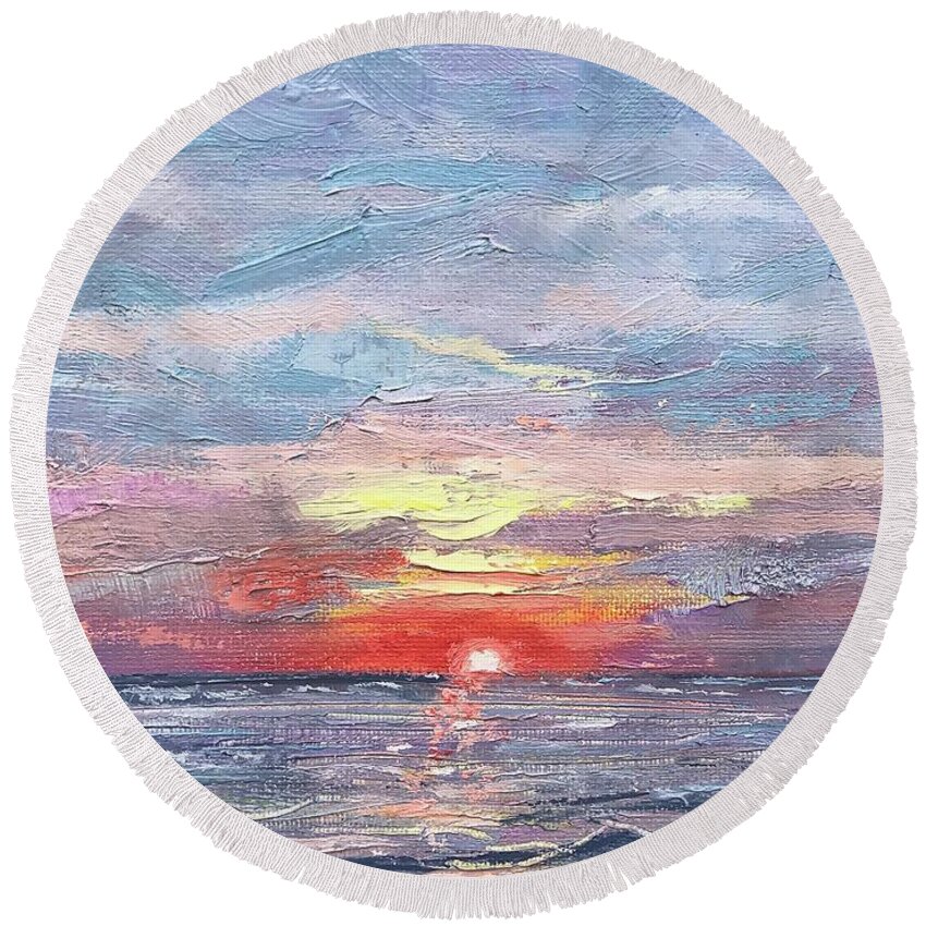 Impressionism Round Beach Towel featuring the painting Sunset on Blind Pass by Maggii Sarfaty