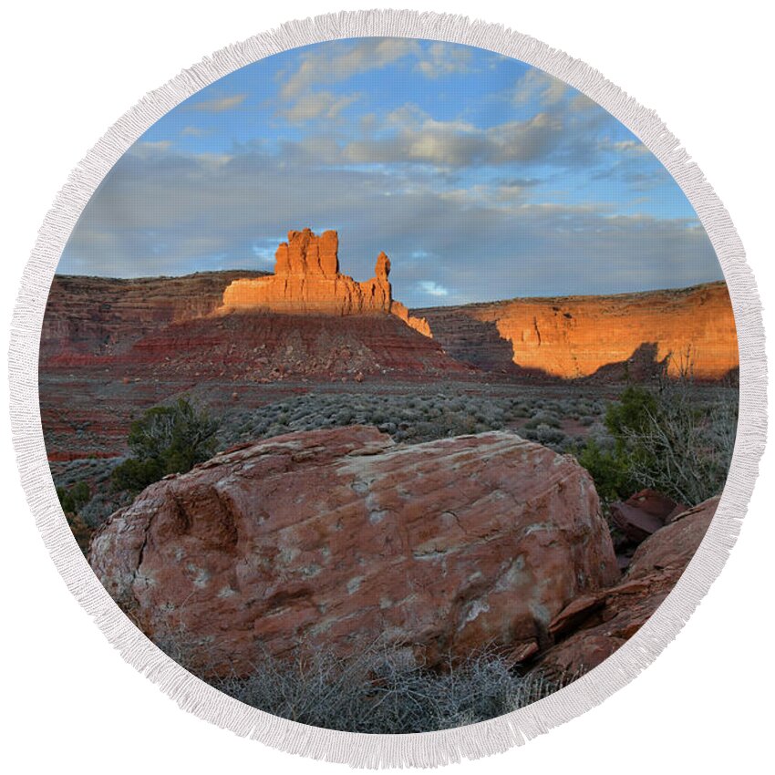 Valley Of The Gods Round Beach Towel featuring the photograph Sunset on Valley of the Gods Buttes by Ray Mathis