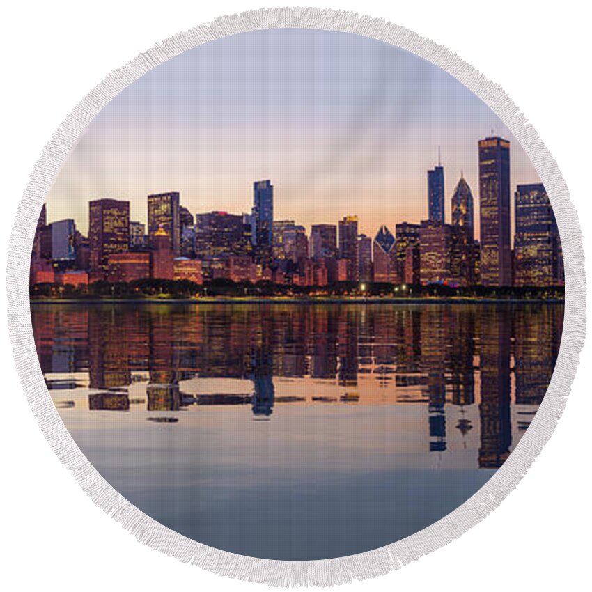 Illinois Round Beach Towel featuring the photograph Sunset over city skyline Chicago from Observatory by Steven Heap