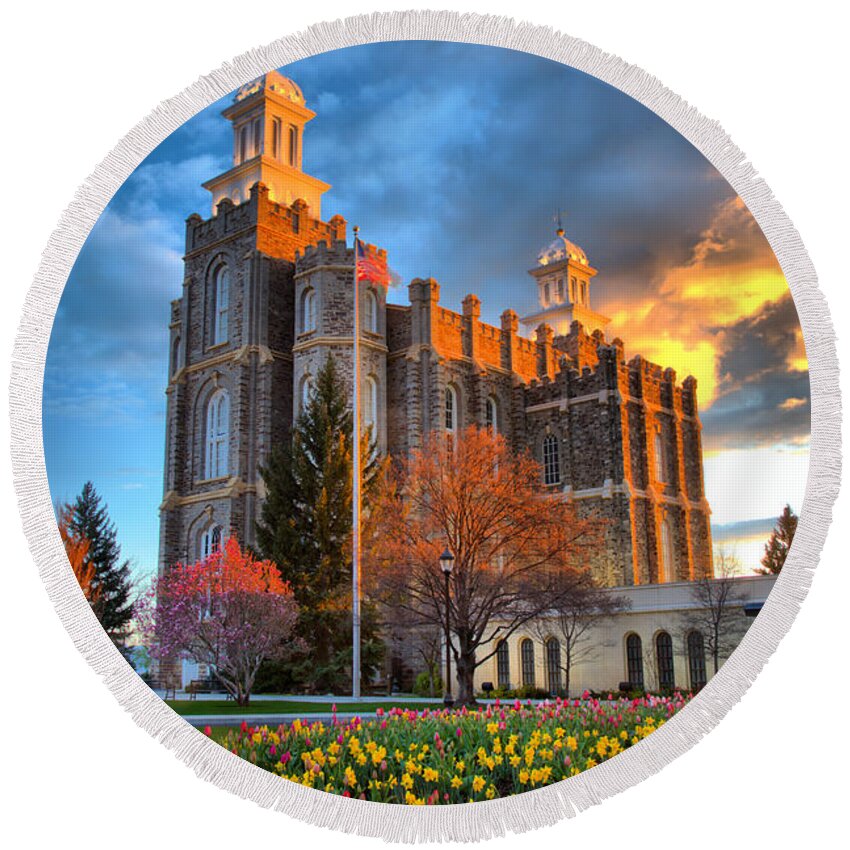 Logan Temple Round Beach Towel featuring the photograph Sunset Over The Logan Temple by Adam Jewell