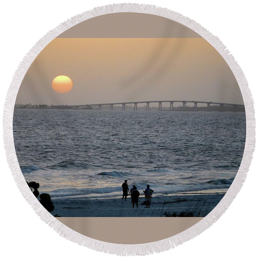 Sunset Round Beach Towel featuring the photograph Sunset Sanibel Causeway by Karen Stansberry