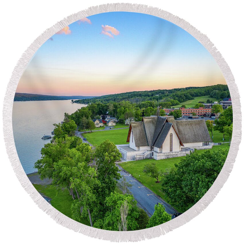Finger Lakes Round Beach Towel featuring the photograph Sunset Sky Norton Chapel by Anthony Giammarino