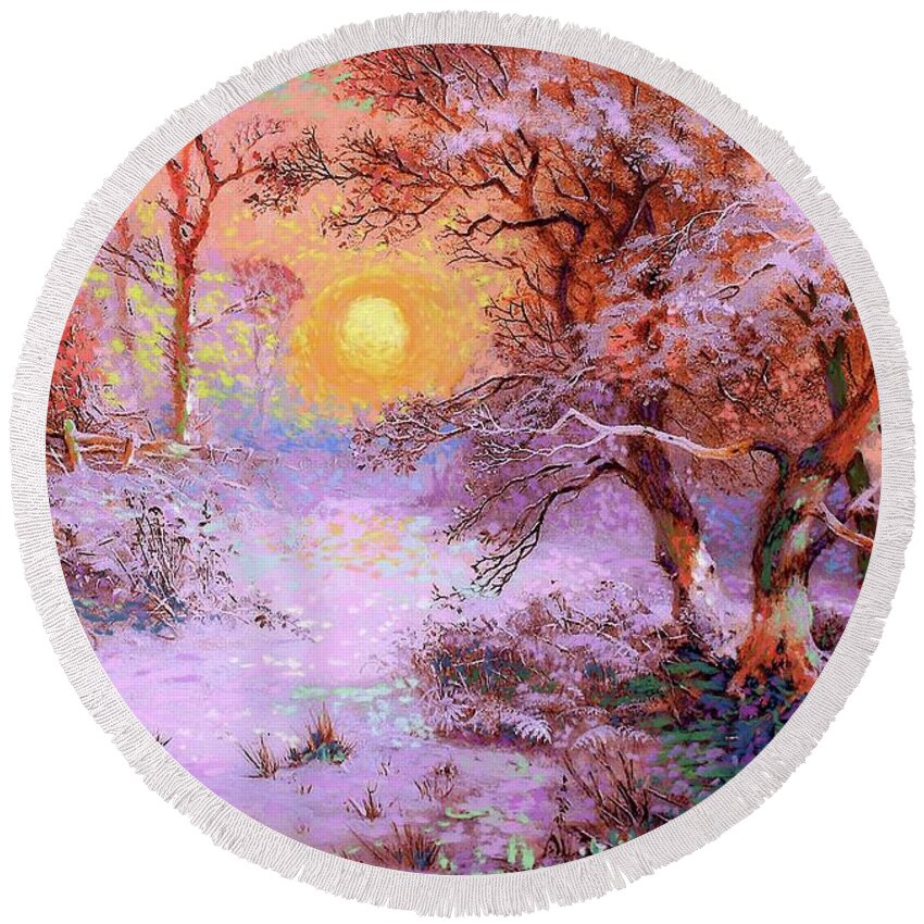 Tree Round Beach Towel featuring the painting Sunset Snow by Jane Small