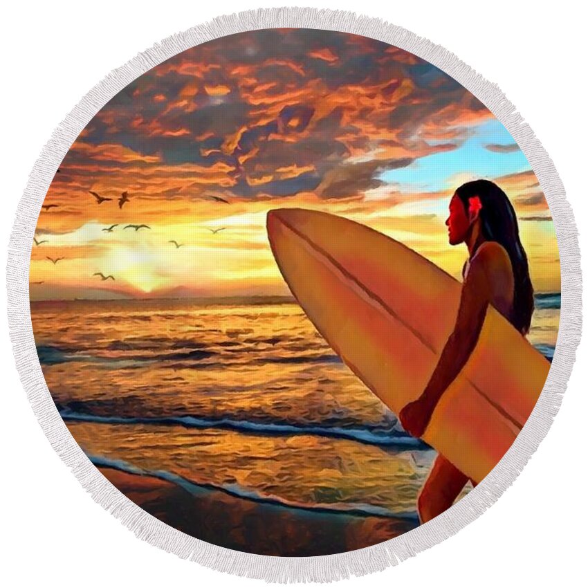 Surf Art Round Beach Towel featuring the mixed media Sunset Surf Girl by Carl Gouveia