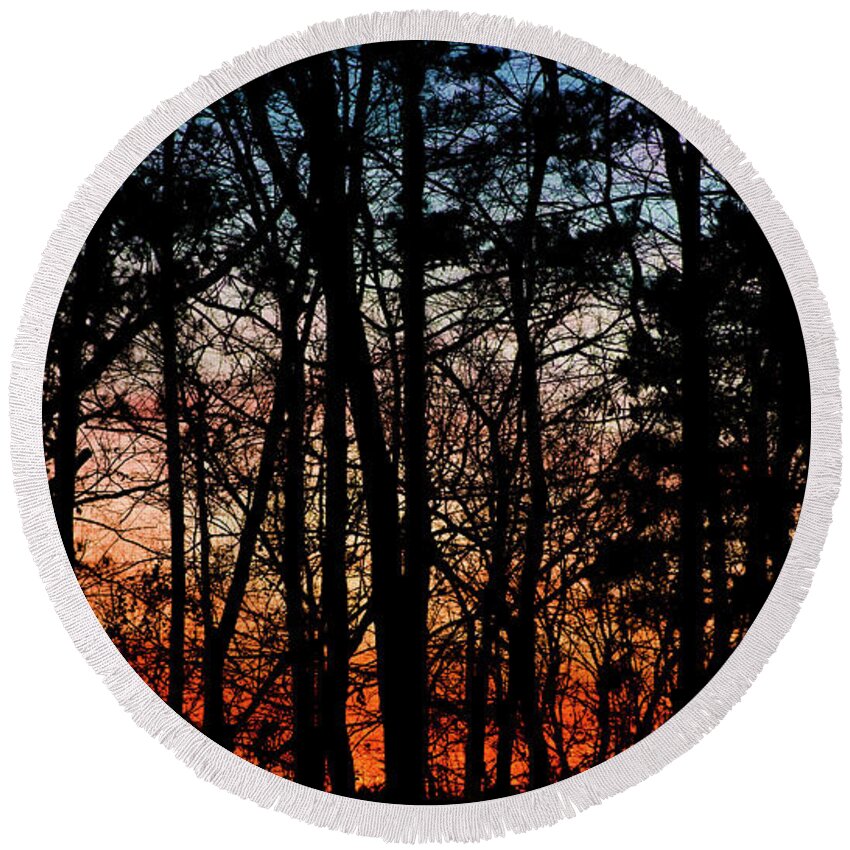 St. Florian Round Beach Towel featuring the photograph Sunset Through the Trees of Winter by James-Allen