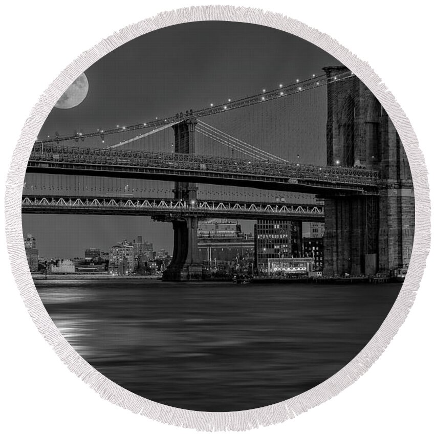 Nyc Skyline Round Beach Towel featuring the photograph Super Moon Over Manhattan and Brooklyn Bridges NYC BW by Susan Candelario