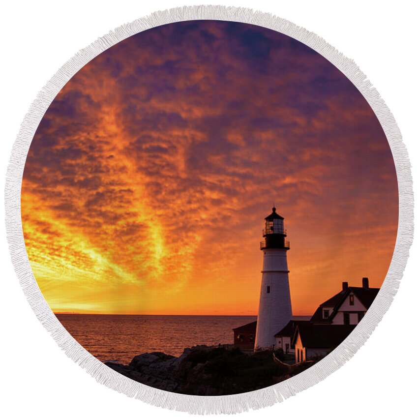 Atlantic Round Beach Towel featuring the photograph Super Sunrise at Portland Lighthouse by Jerry Fornarotto