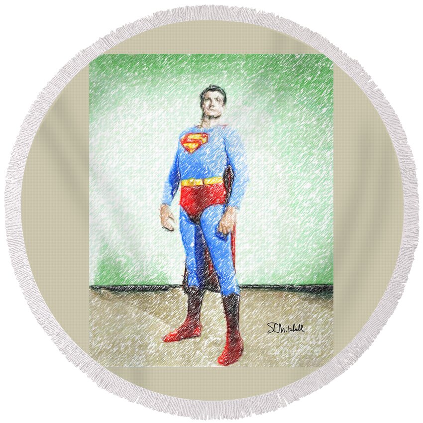 Superman Round Beach Towel featuring the drawing Superman by Stephen Mitchell