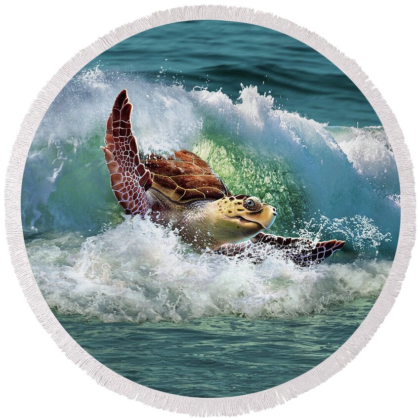 Sea Turtle Round Beach Towel featuring the digital art Surf To The Turf by Jerry LoFaro