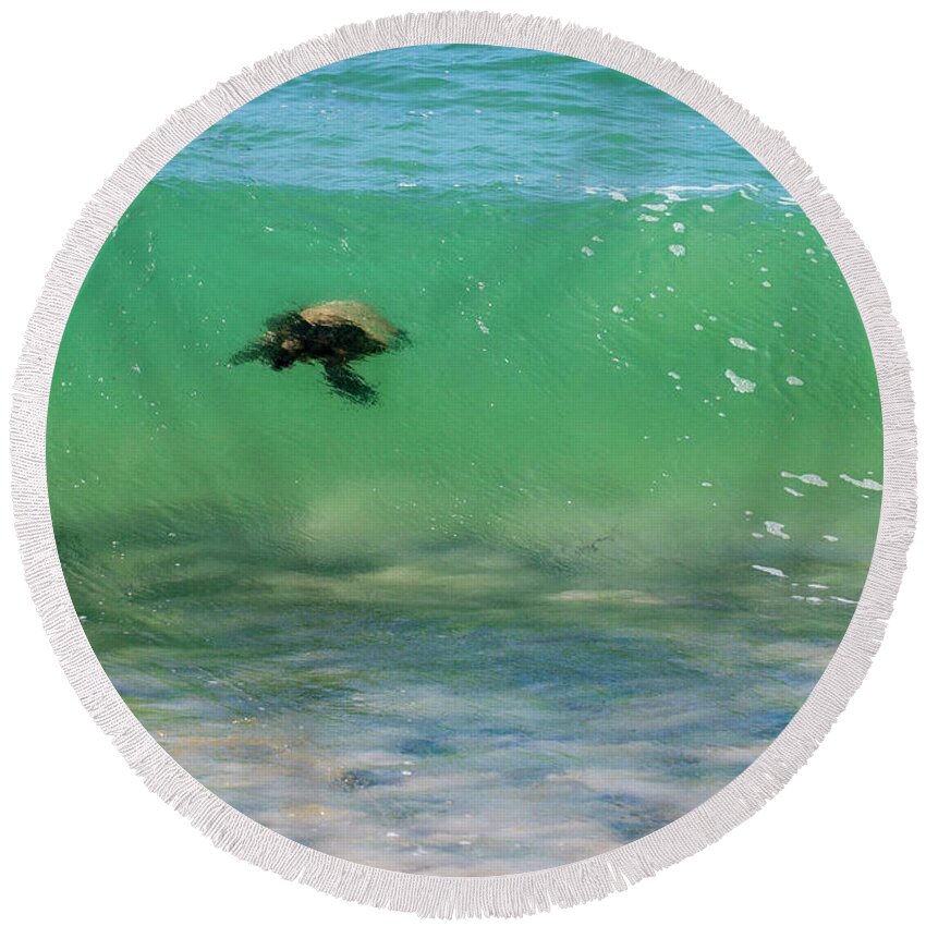 Honu Round Beach Towel featuring the photograph Surfing Turtle by Anthony Jones