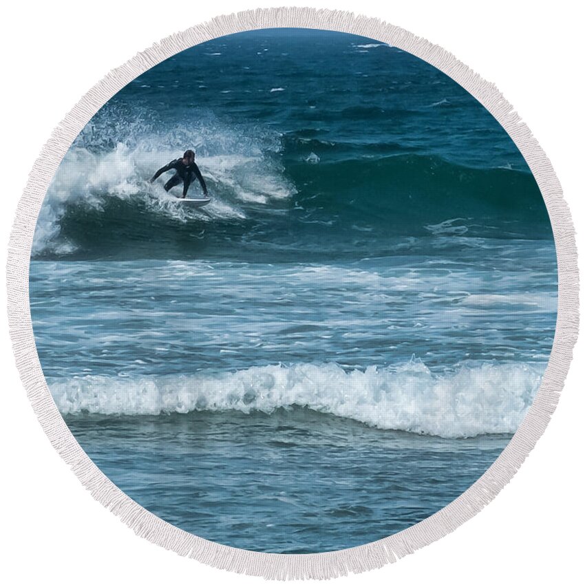 Guincho Beach Round Beach Towel featuring the photograph Surfs Up in Portugal by Roberta Kayne