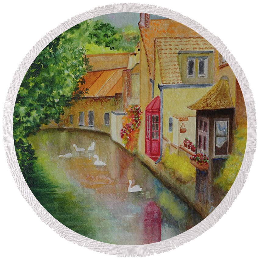 Bruges Round Beach Towel featuring the painting Swan Canal by Karen Fleschler