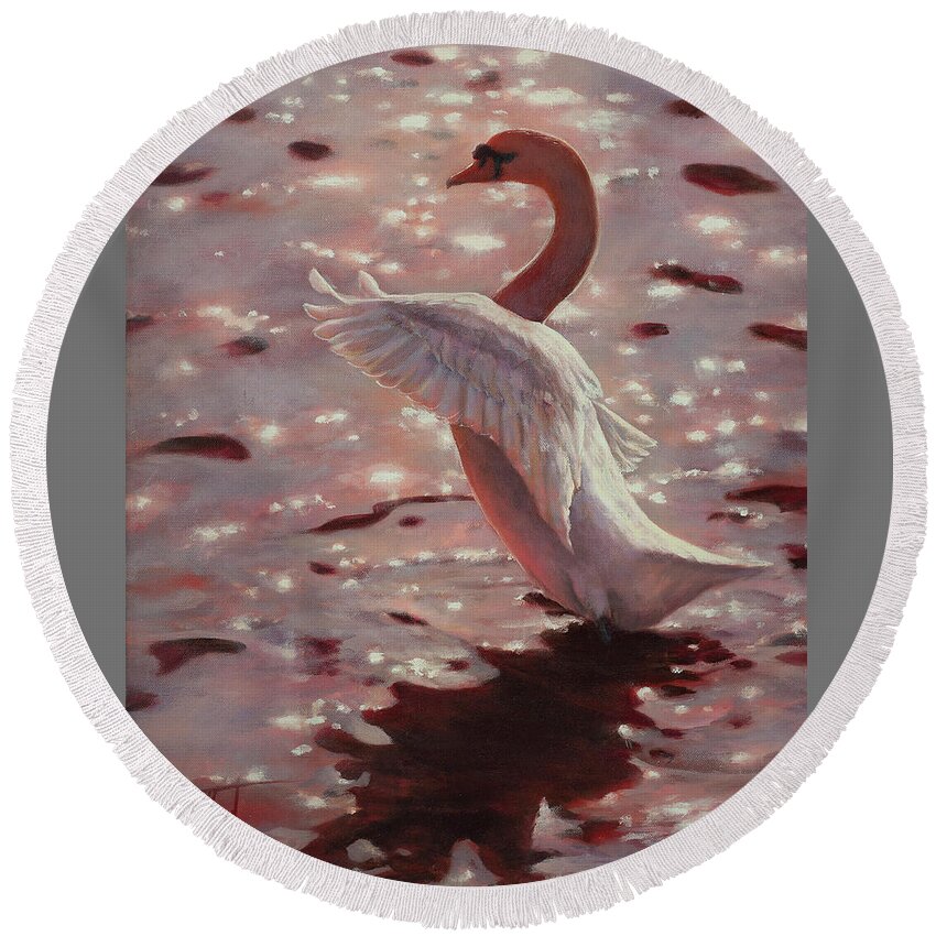 Swan Round Beach Towel featuring the painting Pink Sunset Swan by Lynne Pittard