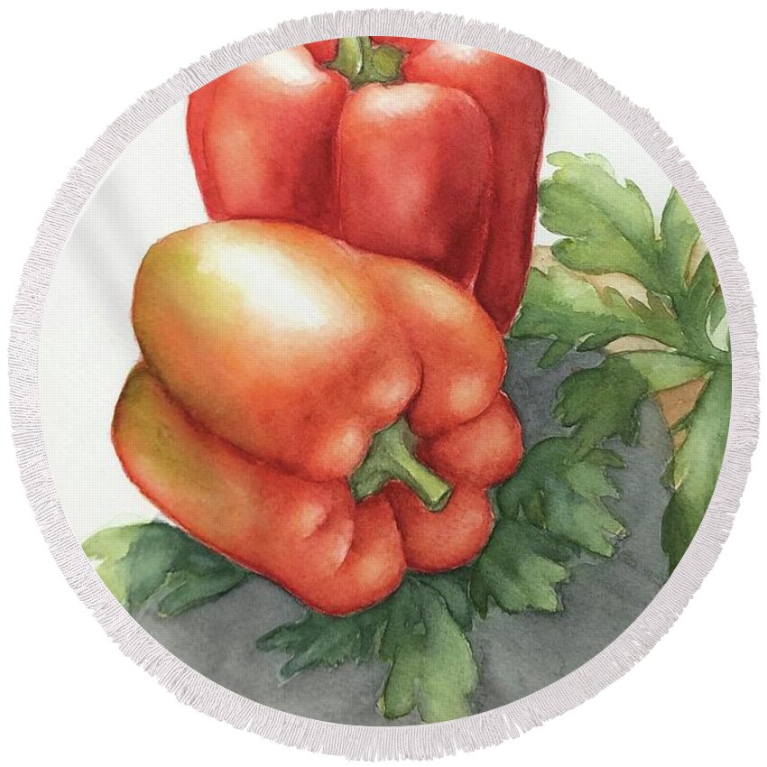 Still Life Round Beach Towel featuring the painting Sweet red peppers by Inese Poga