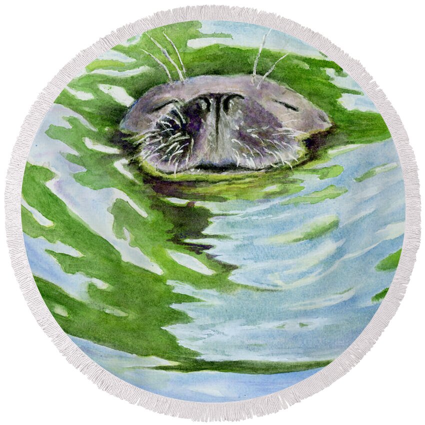 Water Round Beach Towel featuring the painting Sweet Sleeping Seal by Wendy Keeney-Kennicutt