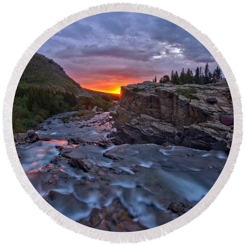 Swiftcurrent Falls Round Beach Towel featuring the photograph Swiftcurrent Falls Sunrise Burst by Adam Jewell