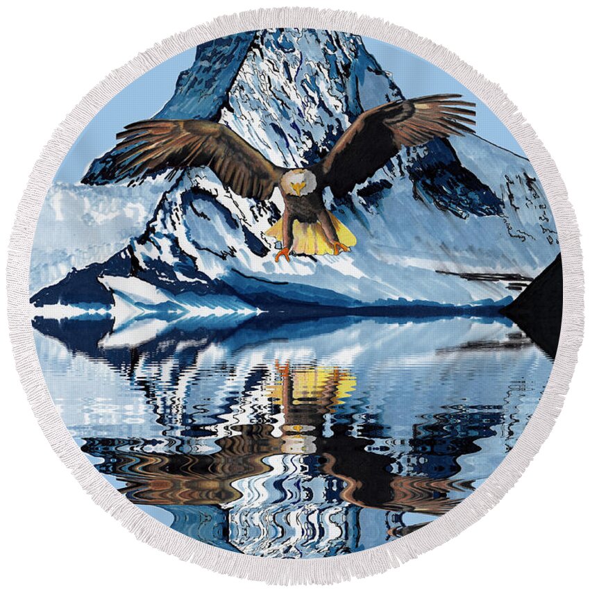 Eagle Round Beach Towel featuring the drawing Swooping Eagle by Bill Richards