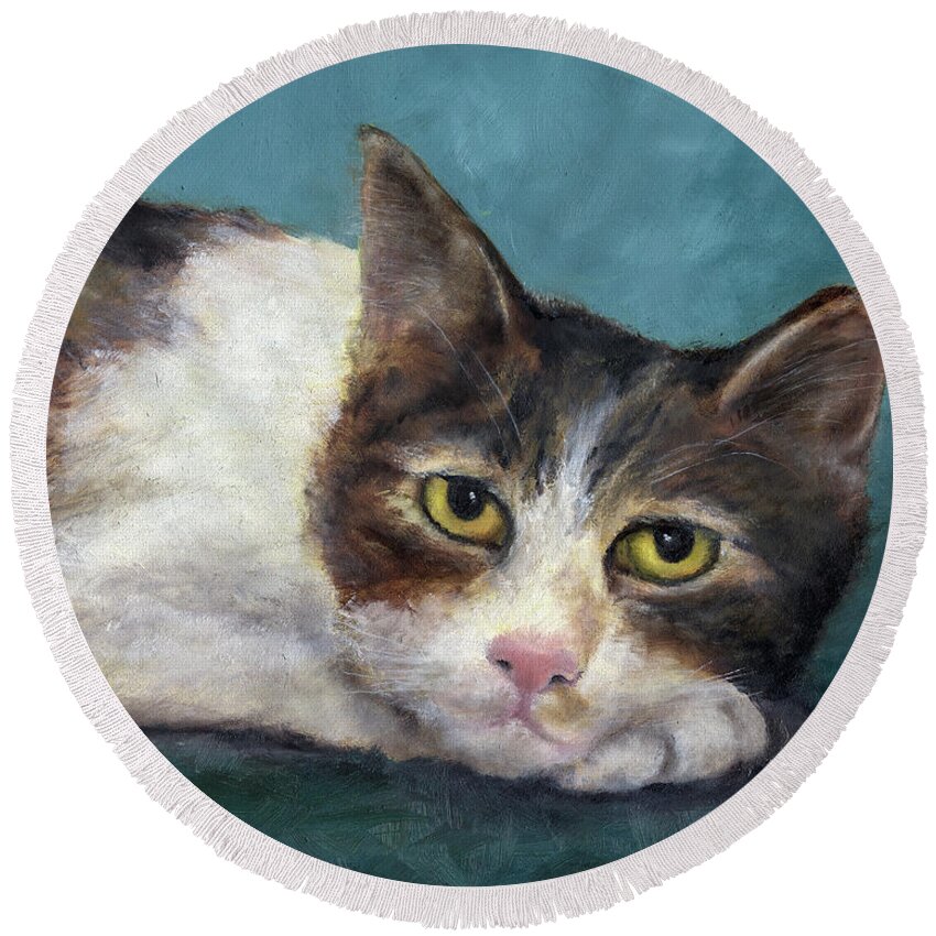 Cat Round Beach Towel featuring the painting Taco by Nancy Strahinic