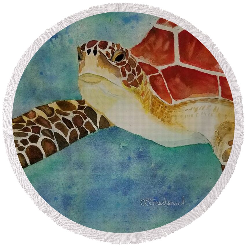 Turtle Round Beach Towel featuring the painting Taking a Swim by Ann Frederick