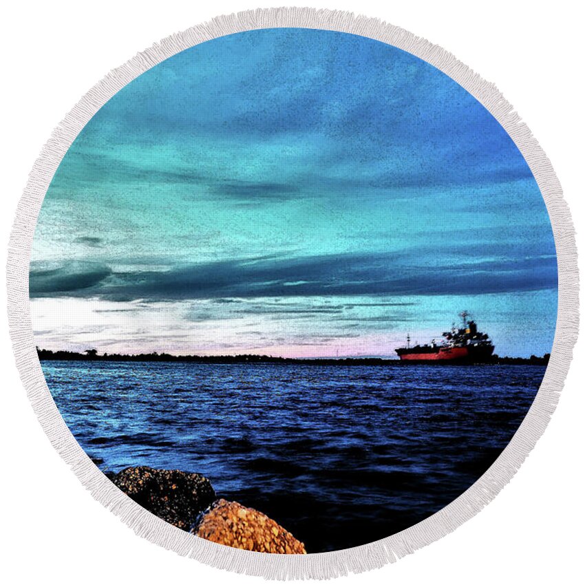 Sunset Round Beach Towel featuring the photograph Tanker Sunset on the Neches by Jerry Connally