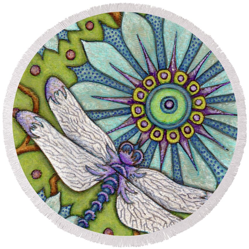 Dragonfly Round Beach Towel featuring the painting Tapestry Dragonfly by Amy E Fraser