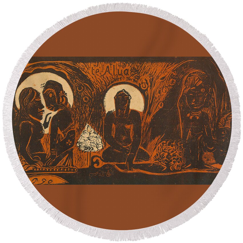 19th Century Art Round Beach Towel featuring the relief Te atua - The God by Paul Gauguin