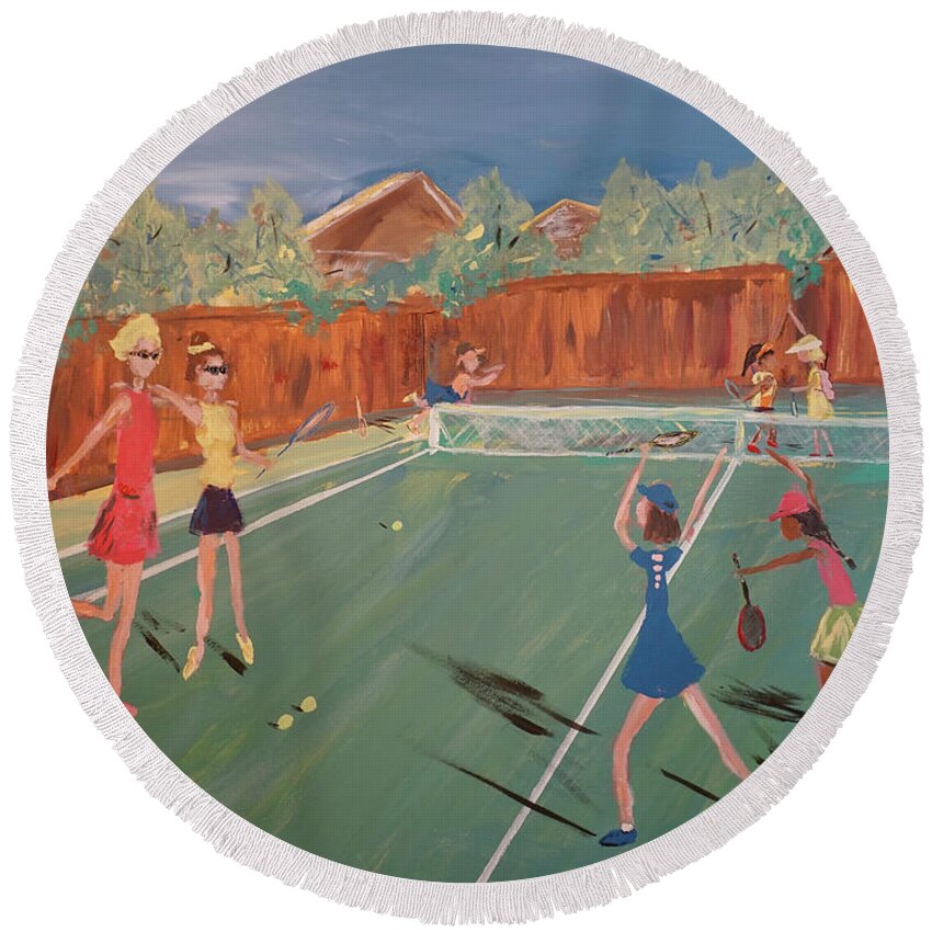 Tennis Girls Round Beach Towel featuring the painting Tennis Girls by Patty Donoghue