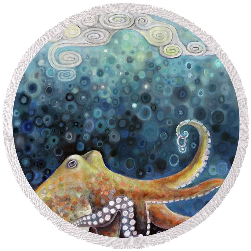 Octopus Round Beach Towel featuring the painting Tentacle Treasure by Manami Lingerfelt