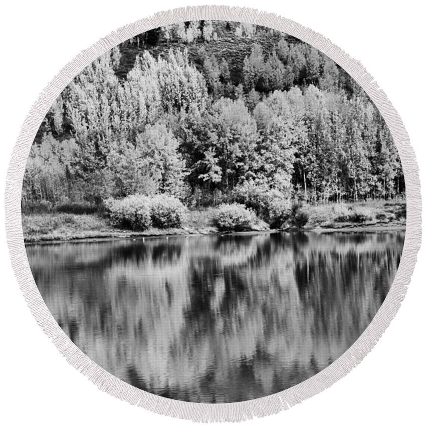 Oxbow Round Beach Towel featuring the photograph Teton Fall Foliage Reflections Black And White by Adam Jewell