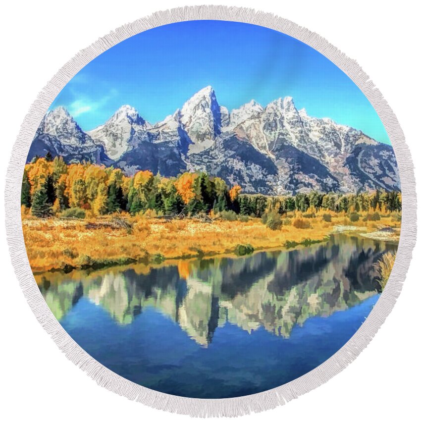 Tetons Round Beach Towel featuring the painting Grand Teton National Park Mountain Reflections by Christopher Arndt