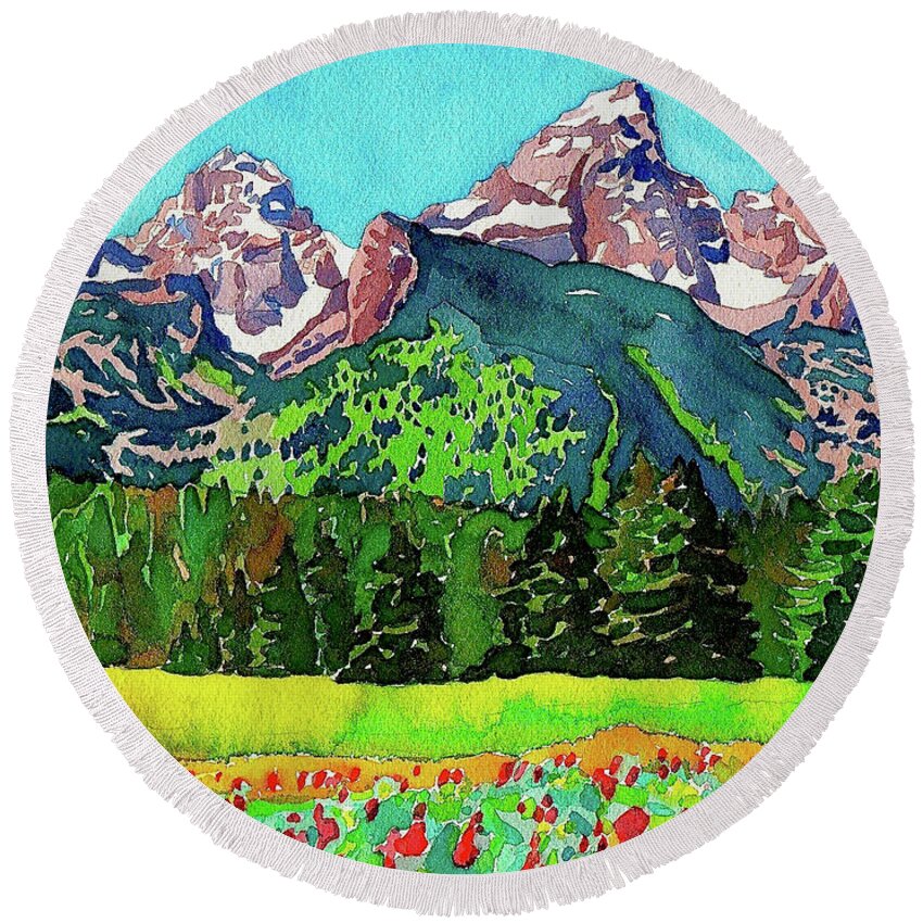 Tetons Round Beach Towel featuring the painting Teton Wildflowers by Dan Miller