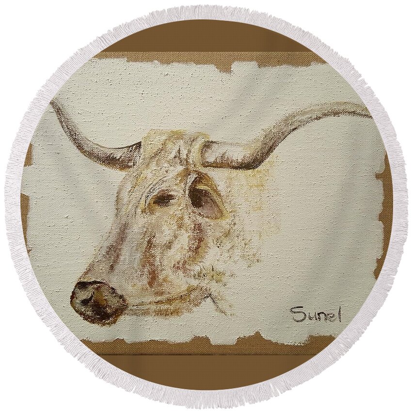 Texas Round Beach Towel featuring the painting Texas Longhorn Bull by Sunel De Lange