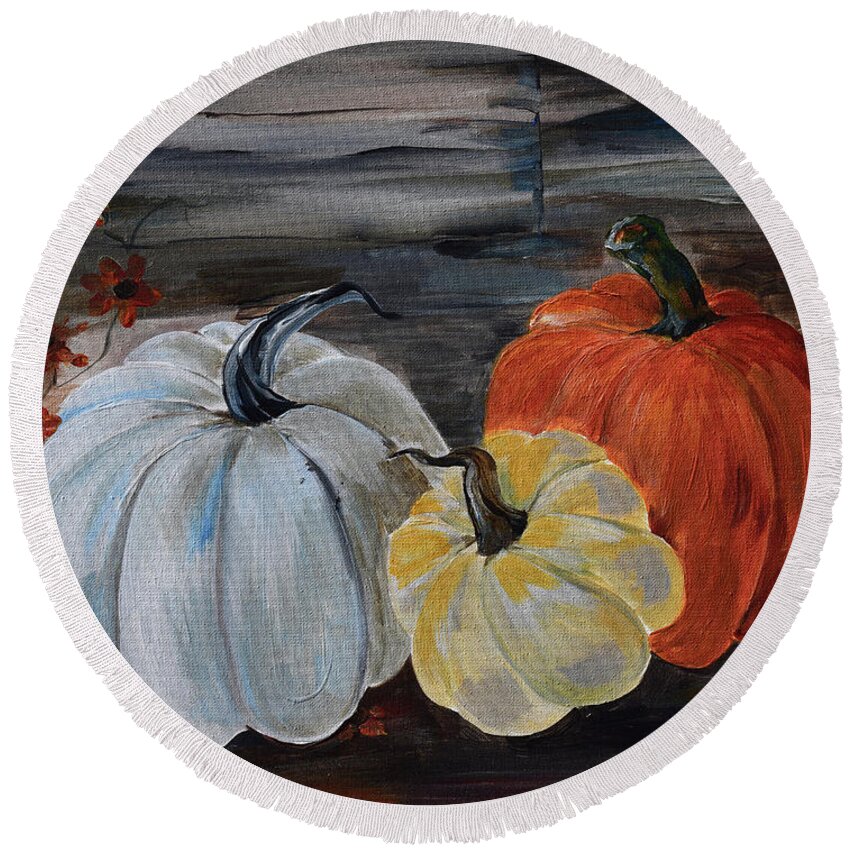 Pumkins Round Beach Towel featuring the painting Thankful for Harvest - Pumpkins by Jan Dappen