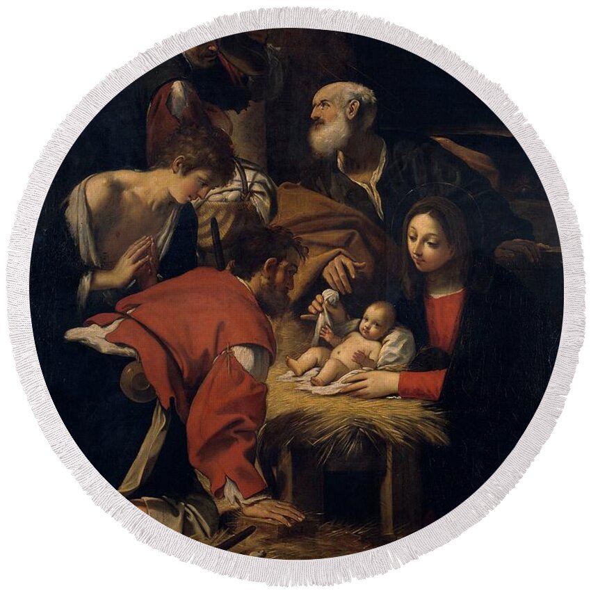 Child Jesus Round Beach Towel featuring the painting 'The Adoration of the Shepherds', 1628, Italian School, Canvas, 240 cm x 182 c... by Cavedone Giacomo -1577-1660-