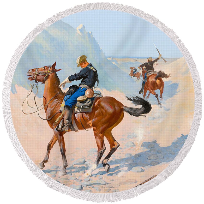 19th Century Art Round Beach Towel featuring the painting The Advance-Guard, or The Military Sacrifice by Frederic Remington