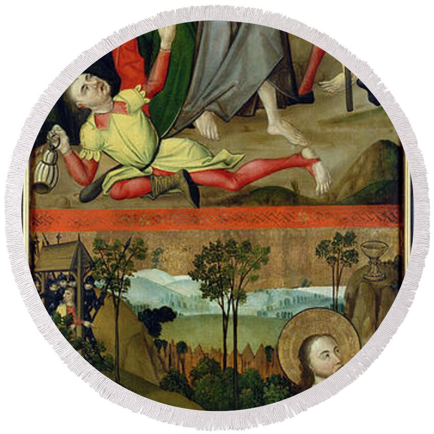Apostle Round Beach Towel featuring the painting The Arrest Of Christ And Christ In The Garden Of Gethsemane, Panel From An Altarpiece Depicting Scenes Of The Passion And Saints, 1490 by Master Of The Luneburg Footwashers