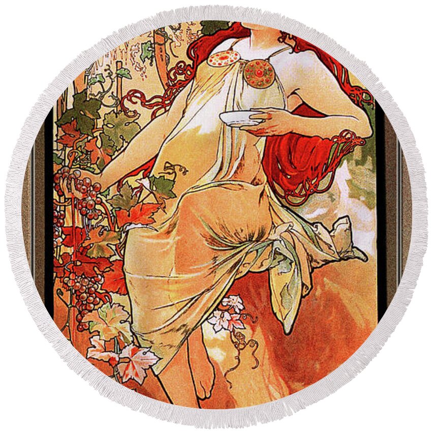 The Autumn Round Beach Towel featuring the painting The Autumn by Alphonse Mucha by Rolando Burbon