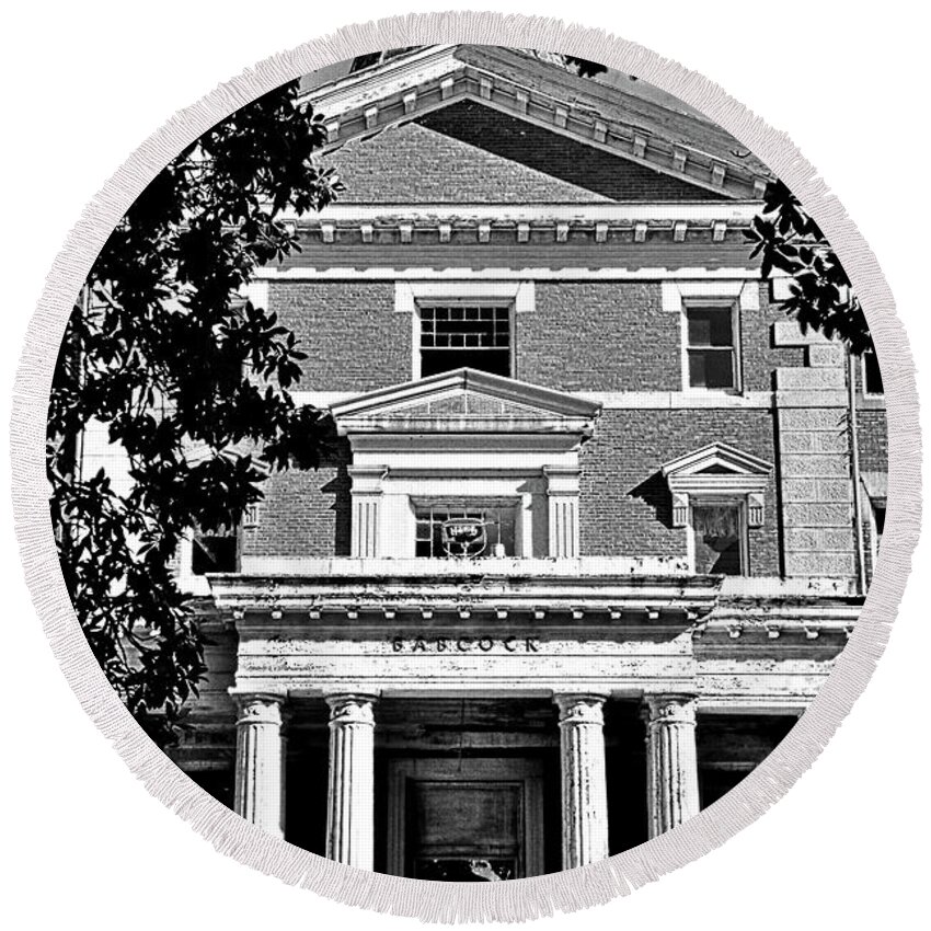The Babcock Building Columbia South Carolina Black And White Round Beach Towel featuring the photograph The Babcock Building Columbia South Carolina Black And White by Lisa Wooten
