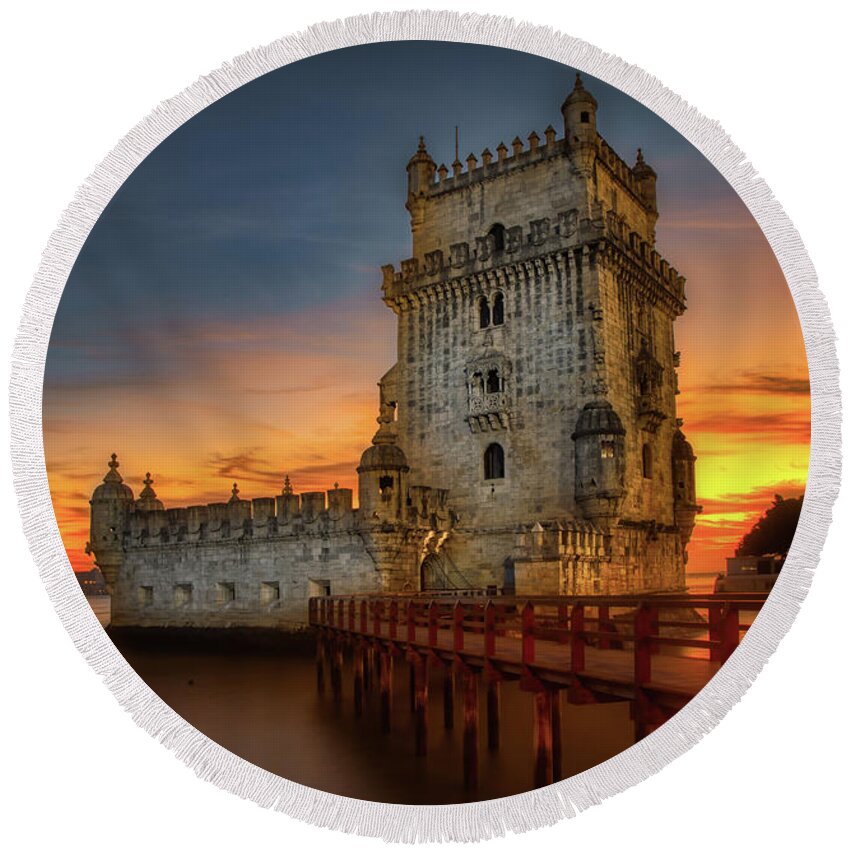 Belem Round Beach Towel featuring the photograph The Belem Tower at sunset by Micah Offman