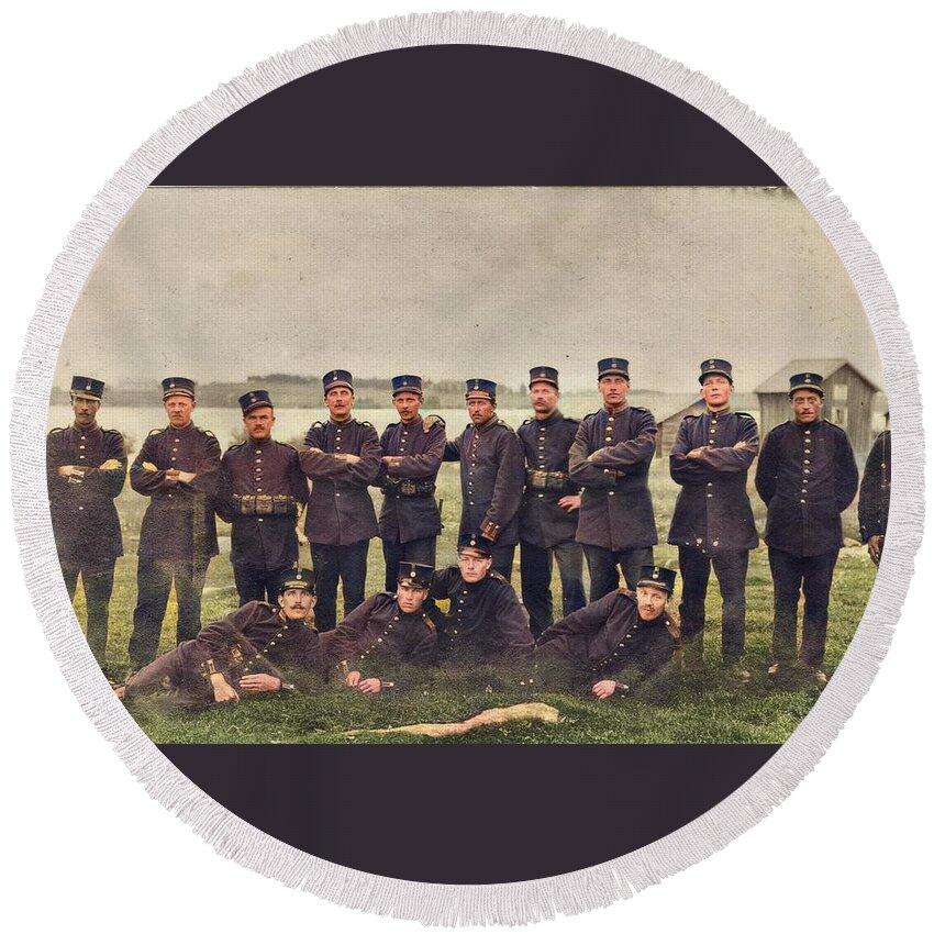 Colorized Round Beach Towel featuring the painting The border RPPC depicting a group of Swedish soldiers. On the right you can see a soldier armed with by Celestial Images
