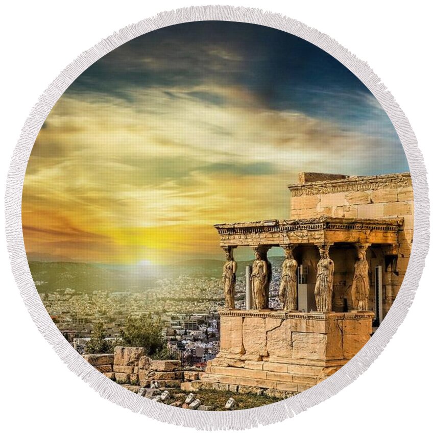 World Heritage Round Beach Towel featuring the photograph The Caryatids of Acropolis in Athens, Greece by Stefano Senise