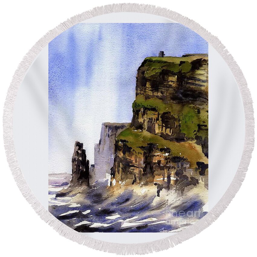 Moher Round Beach Towel featuring the painting The Cliffs of Moher, Co. Clare by Val Byrne