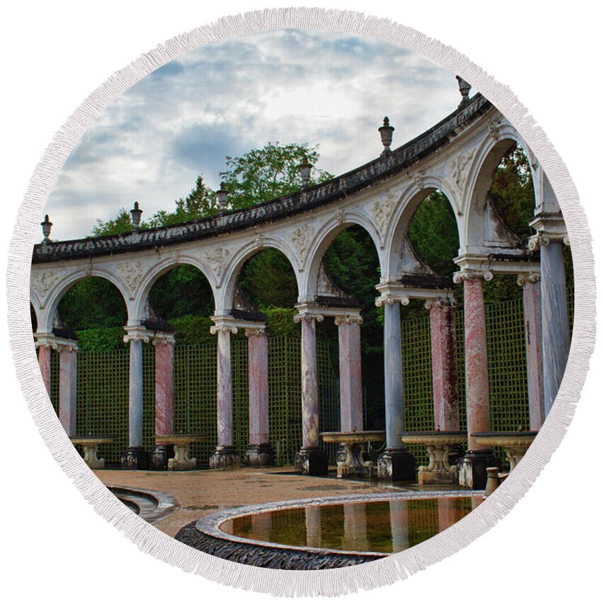 Building Round Beach Towel featuring the photograph The Colonade in The Gardens of Versailles by Portia Olaughlin