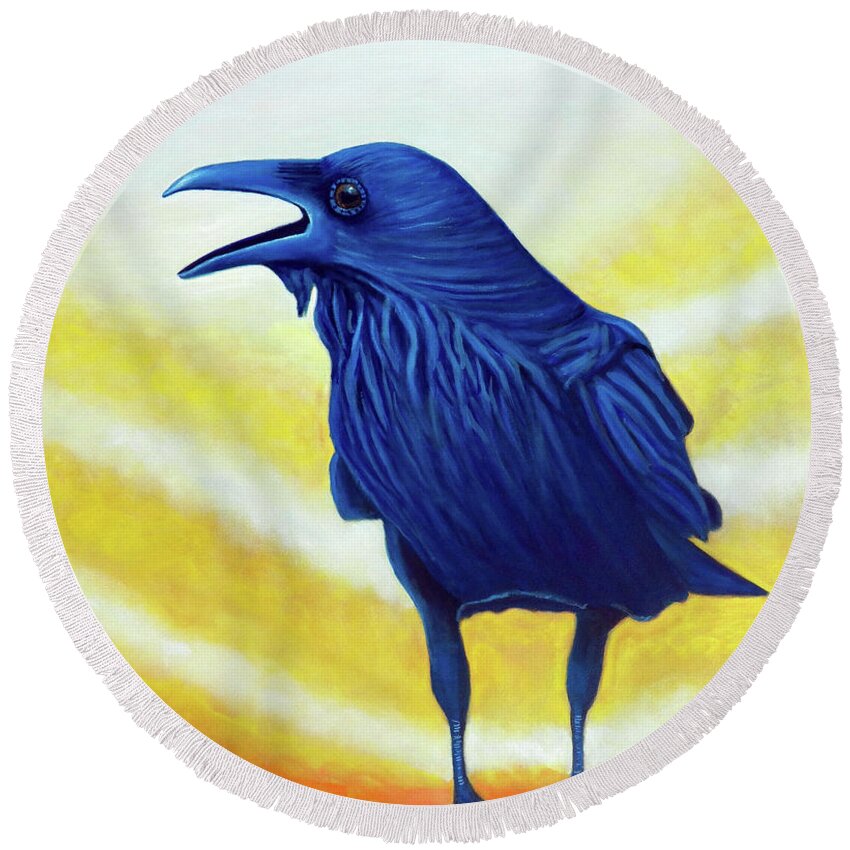 Raven Round Beach Towel featuring the painting The Conversation by Brian Commerford