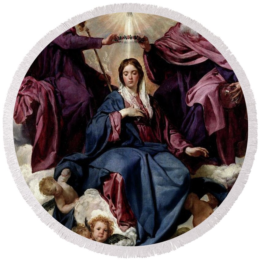 Diego Velazquez Round Beach Towel featuring the painting 'The Coronation of the Virgin', ca. 1635, Spanish School, ... by Diego Velazquez -1599-1660-