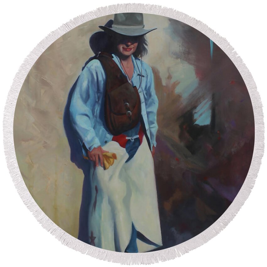 Firurative Art Round Beach Towel featuring the painting The Cowgirl by Carolyne Hawley