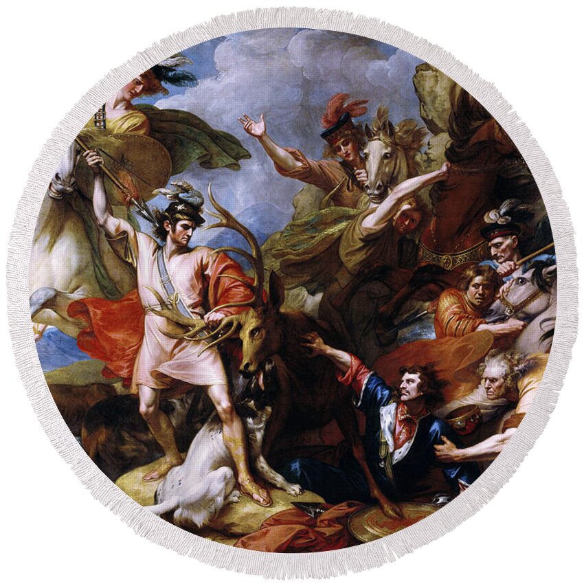The Death Of The Stag Round Beach Towel featuring the painting The Death of the Stag by Benjamin West by Rolando Burbon