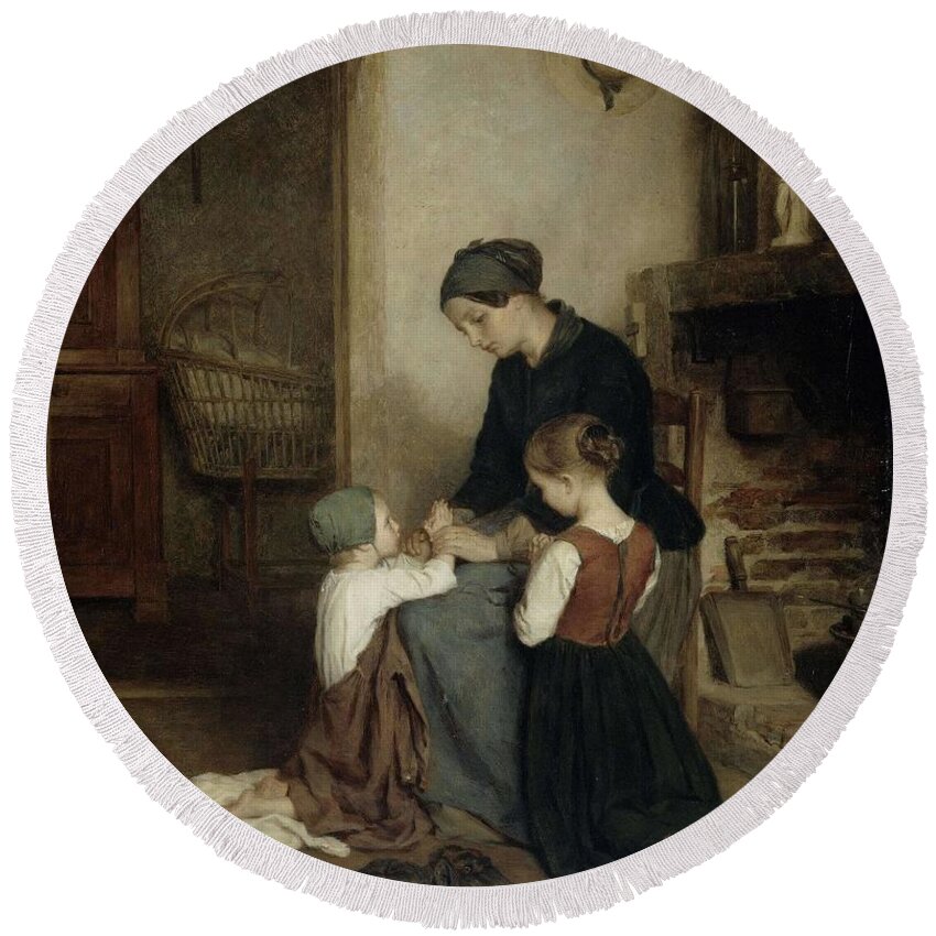 Oil On Panel Round Beach Towel featuring the painting The Evening Prayer. by Pierre Edouard Frere -1819-1886-
